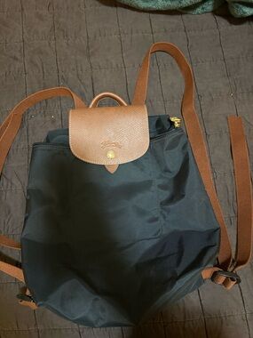 Longchamp Black Nylon Backpack with Brown Trim